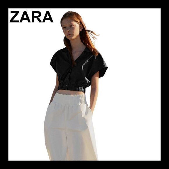 NWT ZARA Black clean lines elastic waist button down crop top - Picture 1 of 9